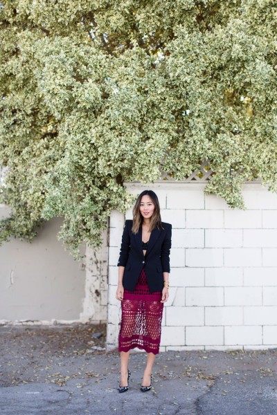 aimee_song_of_style_red_midi_skirt_black_blazer_embellished_pumps