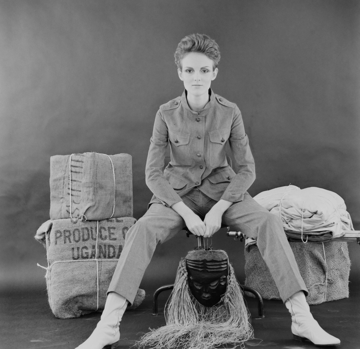 British fashion model Grace Coddington shows a safari pant suit and boots, 1967. (Photo by McKeown/Daily Express/Hulton Archive/Getty Images)