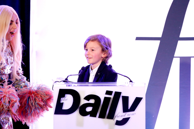 WEST HOLLYWOOD, CA - MARCH 20: EXCLUSIVE COVERAGE Model Hudson Kroenig (R) accepts the FLA Fashion Icon on behalf of designer Karl Lagerfeld from presenter Lady Gaga (L) onstage during The Daily Front Row "Fashion Los Angeles Awards" 2016 at Sunset Tower Hotel on March 20, 2016 in West Hollywood, California. (Photo by Rich Polk/Getty Images for The Daily Front Row)