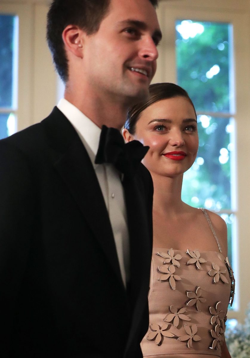 WASHINGTON, DC - MAY 13: Snapchat CEO Evan Spiegel and his model girlfriend Miranda Kerr arrive at a Nordic State Dinner May 13, 2016 at the White House in Washington, DC. President Barack Obama and the first lady are hosting the heads of the five Nordic nations for a U.S.-Nordic Leaders Summit. (Photo by Alex Wong/Getty Images)