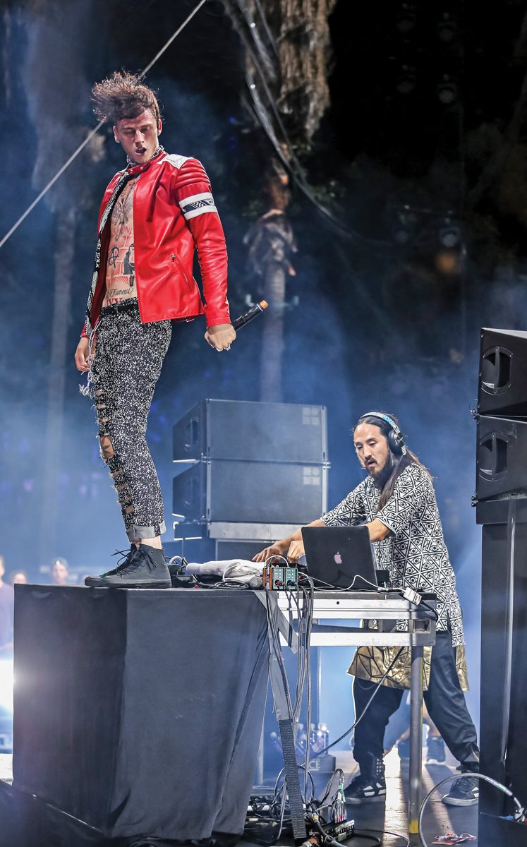 LOS ANGELES, CA - AUGUST 31: Rapper Machine Gun Kelly (L) and DJ Steve Aoki perform during day 2 of the Made in America Festival at Los Angeles Grand Park on August 31, 2014 in Los Angeles, California. (Photo by Chelsea Lauren/WireImage)