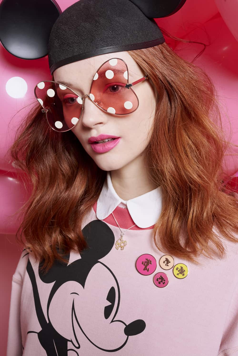 Disney x Karen Walker Minnie Bow Pink Sunglasses and Mickey and Friends Badge Set