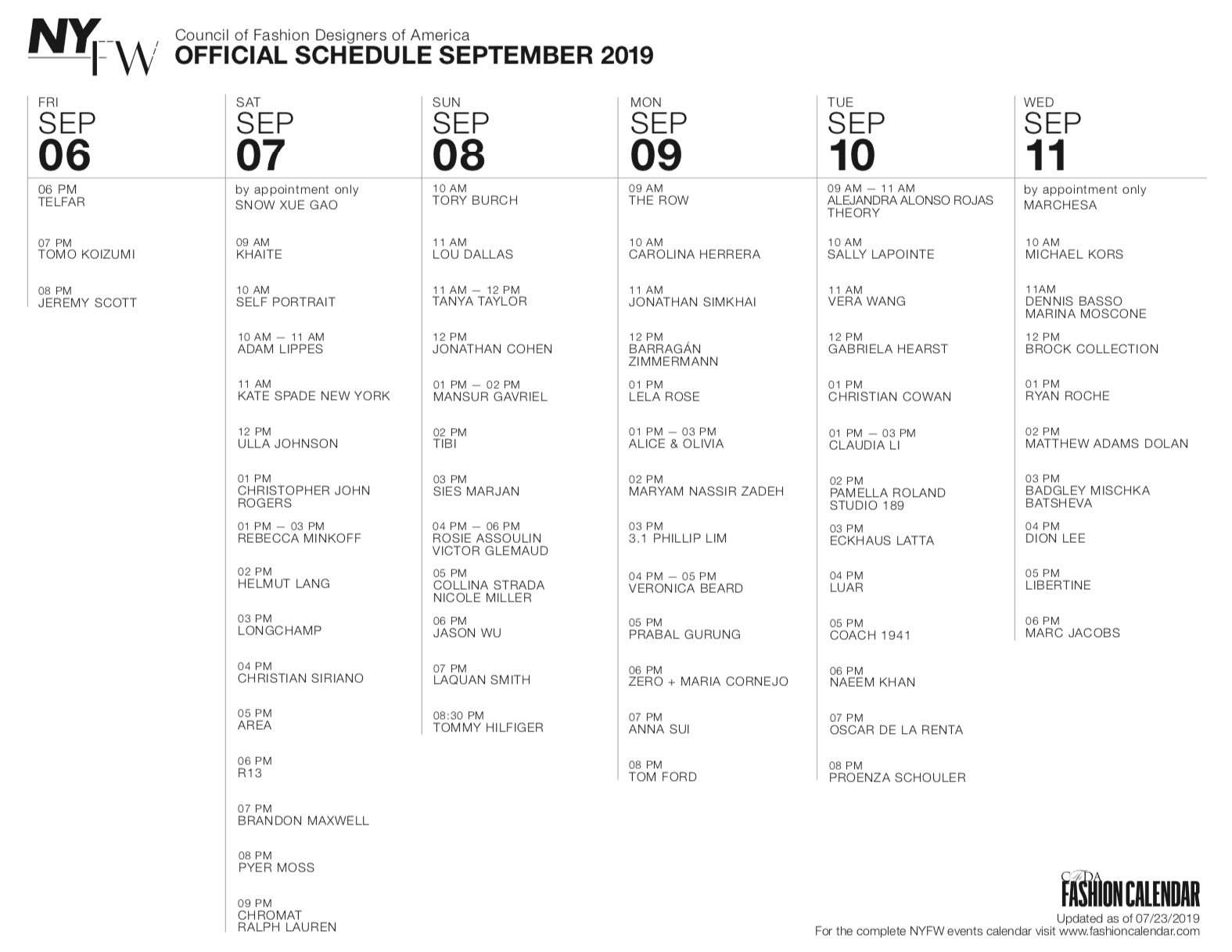 CFDA Releases Preliminary Schedule for New York Fashion Week