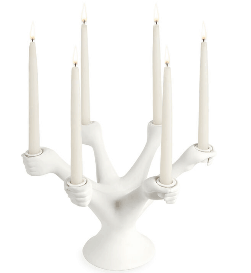 White candelabra, 6 hands holding white candles 