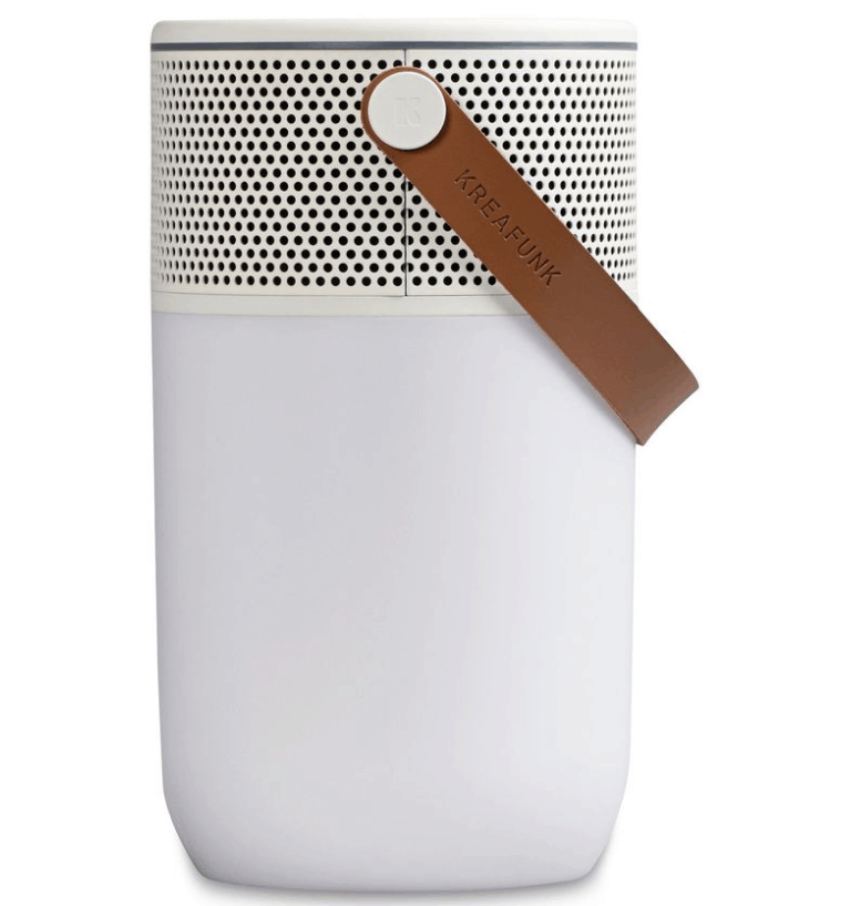 White portable charger with leather handle 