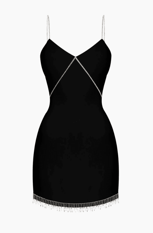 HEIRESS - Black crystal embellished feather trim mini dress
