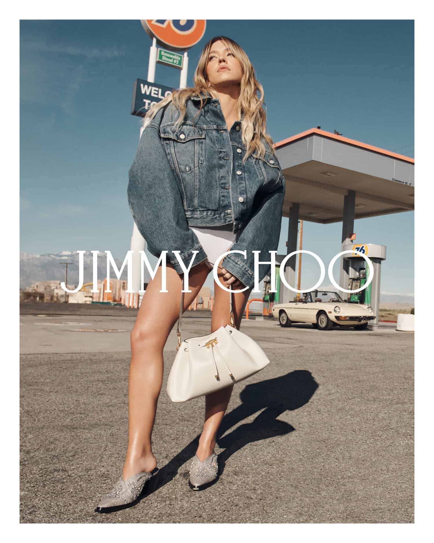 JIMMY CHOO, Sydney Sweeney, campaigns, Summer 2024, shoes, heels, bags, accessories