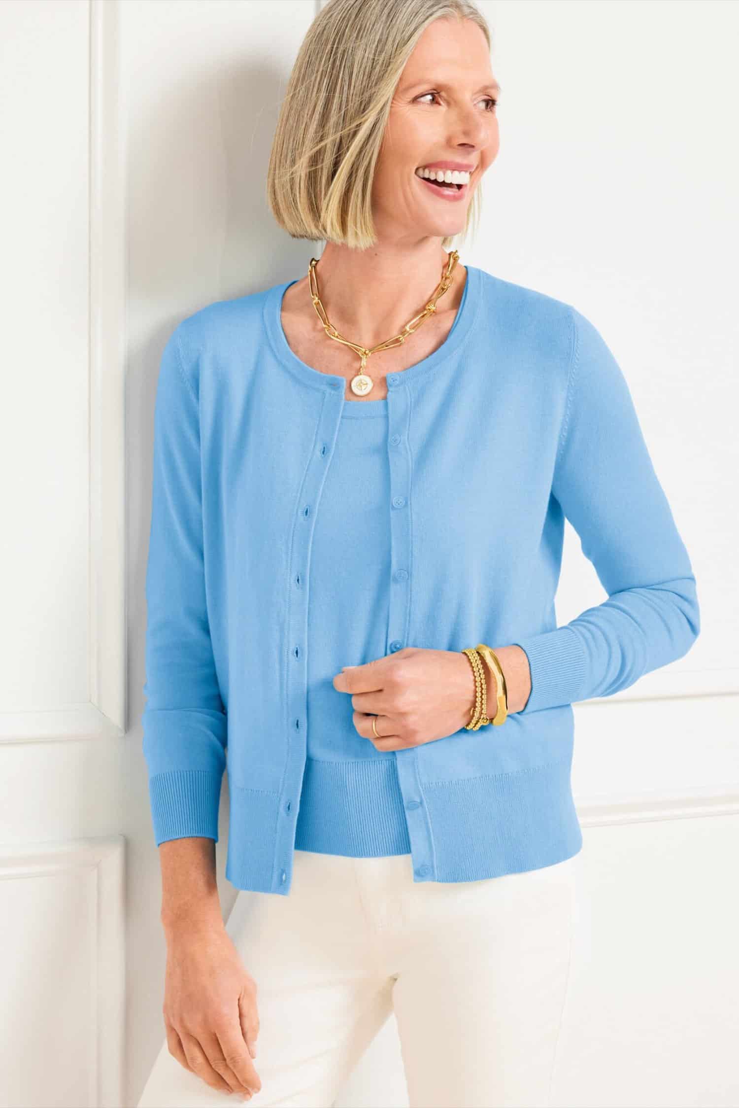 Talbots, Mother's Day, gifts, gift guide, clothing, cardigan, blue cardigan